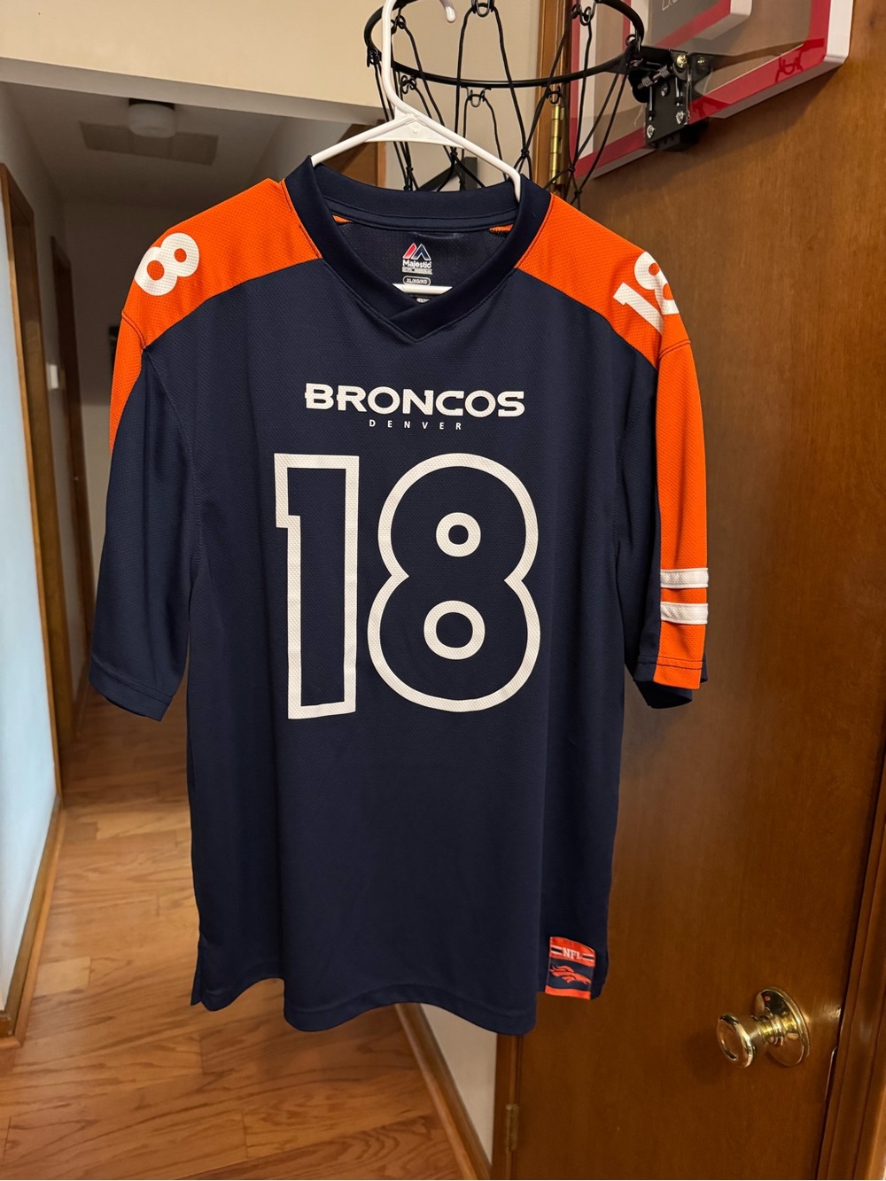 Majestic Broncos #18 Navy and Orange Men's Football Jersey